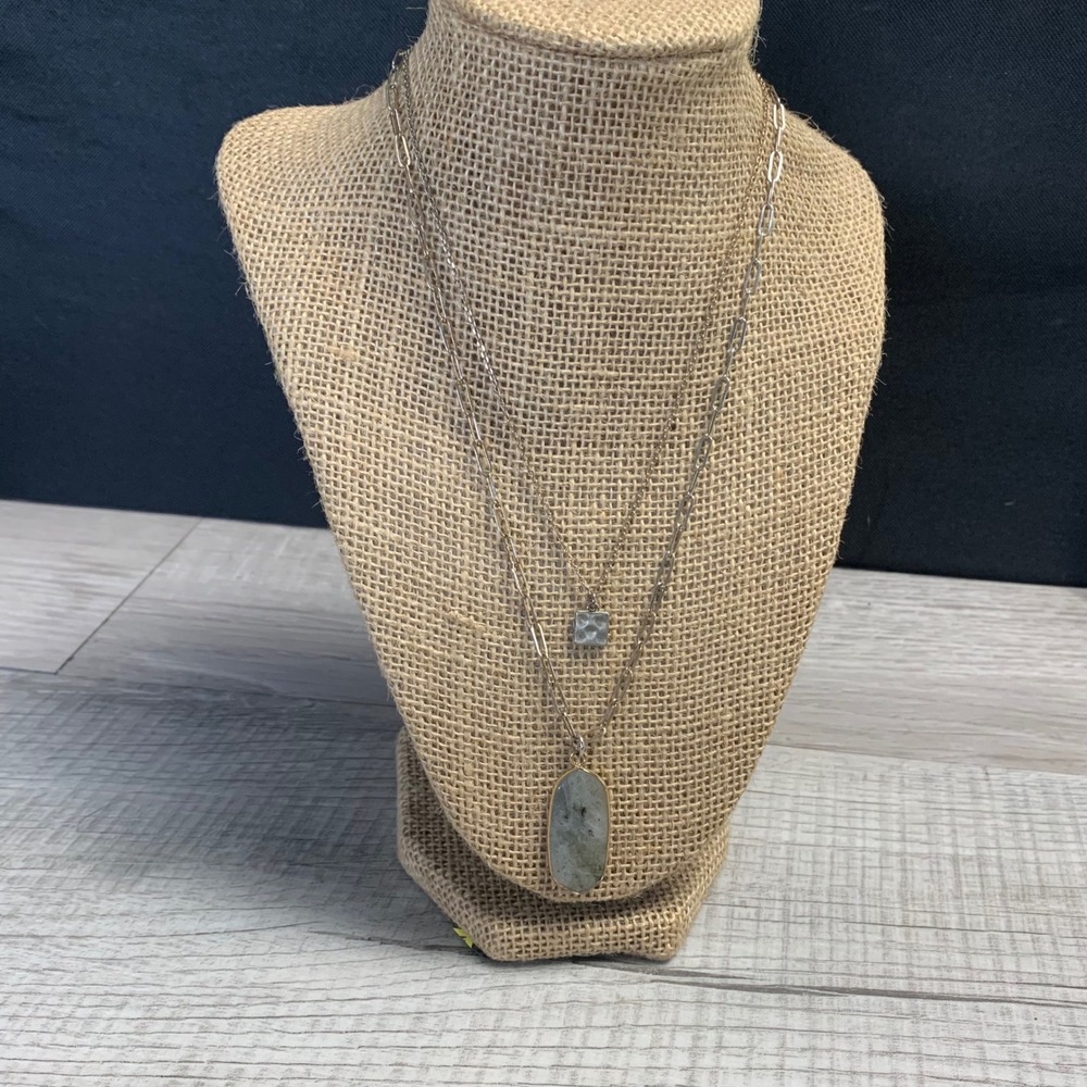 Gold Tone Layered Necklace Labradorite Oval Pendant Hammered Square Charm 16"